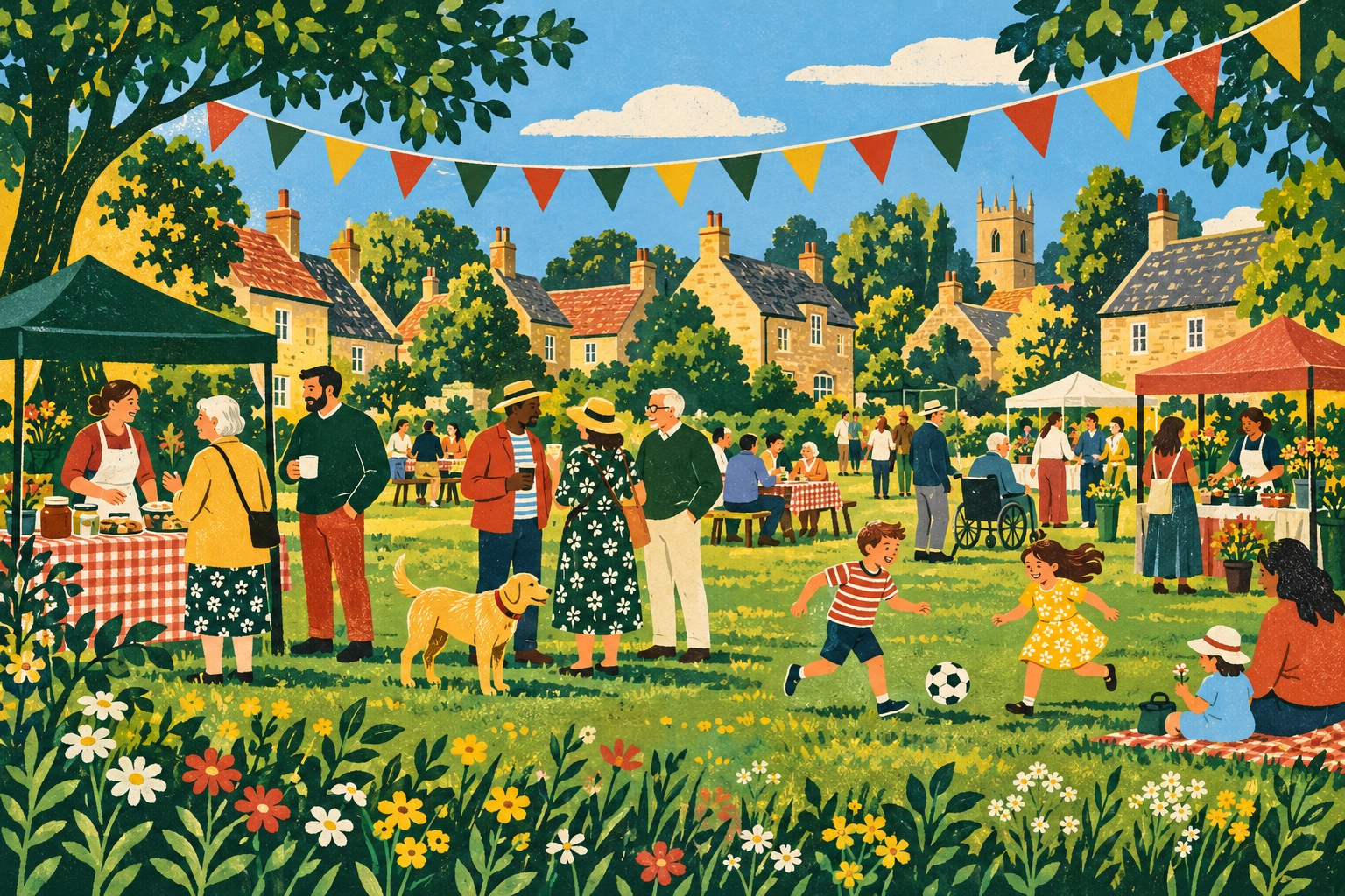 A colourful folk-art illustration of neighbours gathering on an imagined English village green, with bunting, cottages and trees.